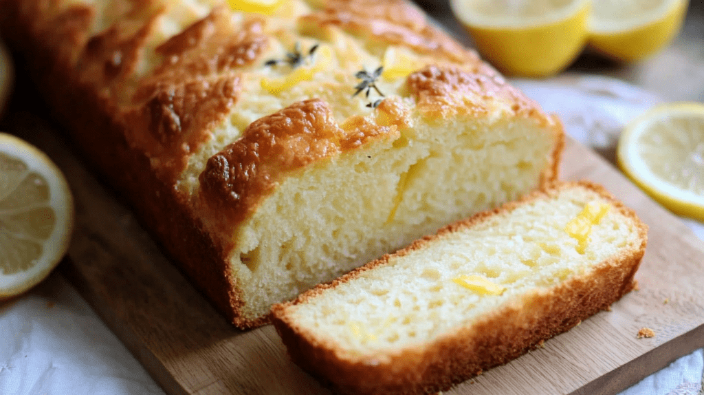 Close-up of freshly baked Lemon Cream Cheese Bread with a golden crust, showing one slice cut from the loaf, displaying a moist, tender crumb with visible lemon zest specks, served on a wooden cutting board with fresh lemon slices.