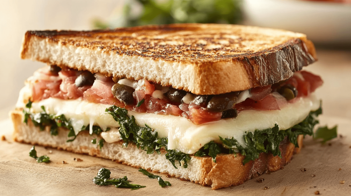 Mediterranean grilled cheese sandwich with melted mozzarella, sautéed greens, olive tapenade, and diced tomatoes on toasted sourdough bread