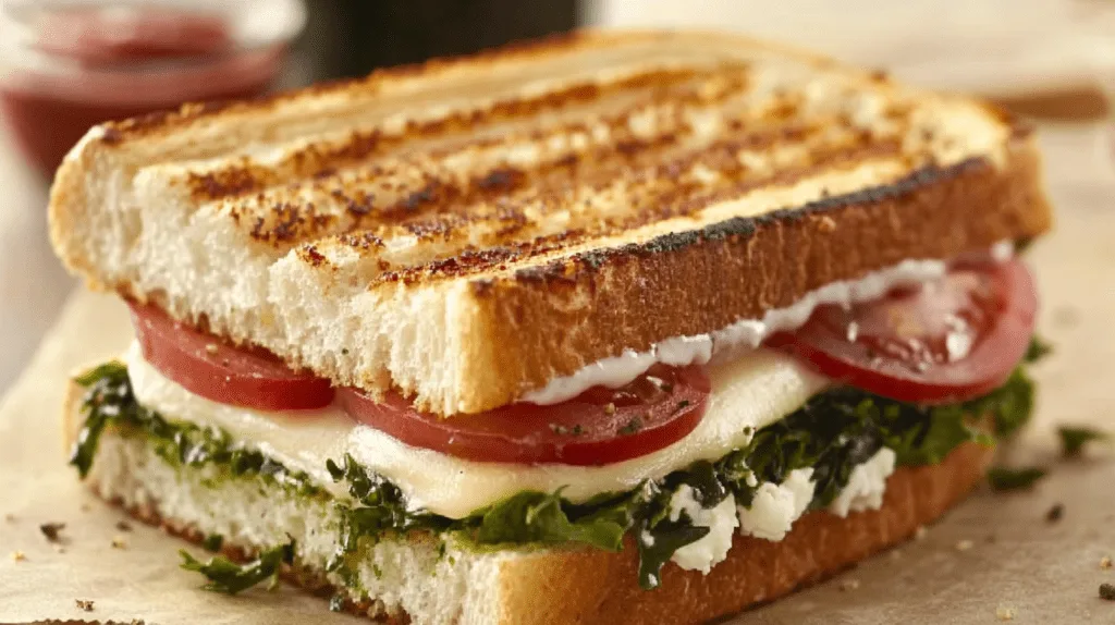 Mediterranean grilled cheese sandwich with mozzarella, fresh tomato slices, and herbs on grilled sourdough bread