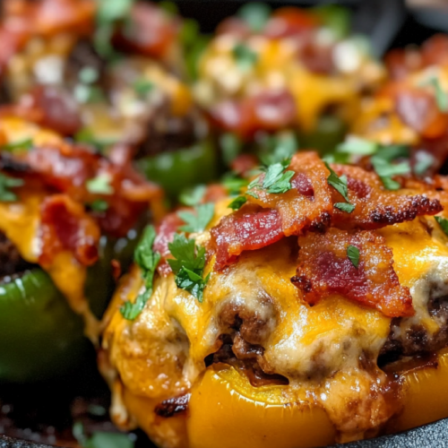 Close-up of Mushroom BBQ Bacon Cheeseburger Stuffed Peppers topped with melted cheddar cheese, crispy bacon, and fresh herbs in a cast iron skillet.