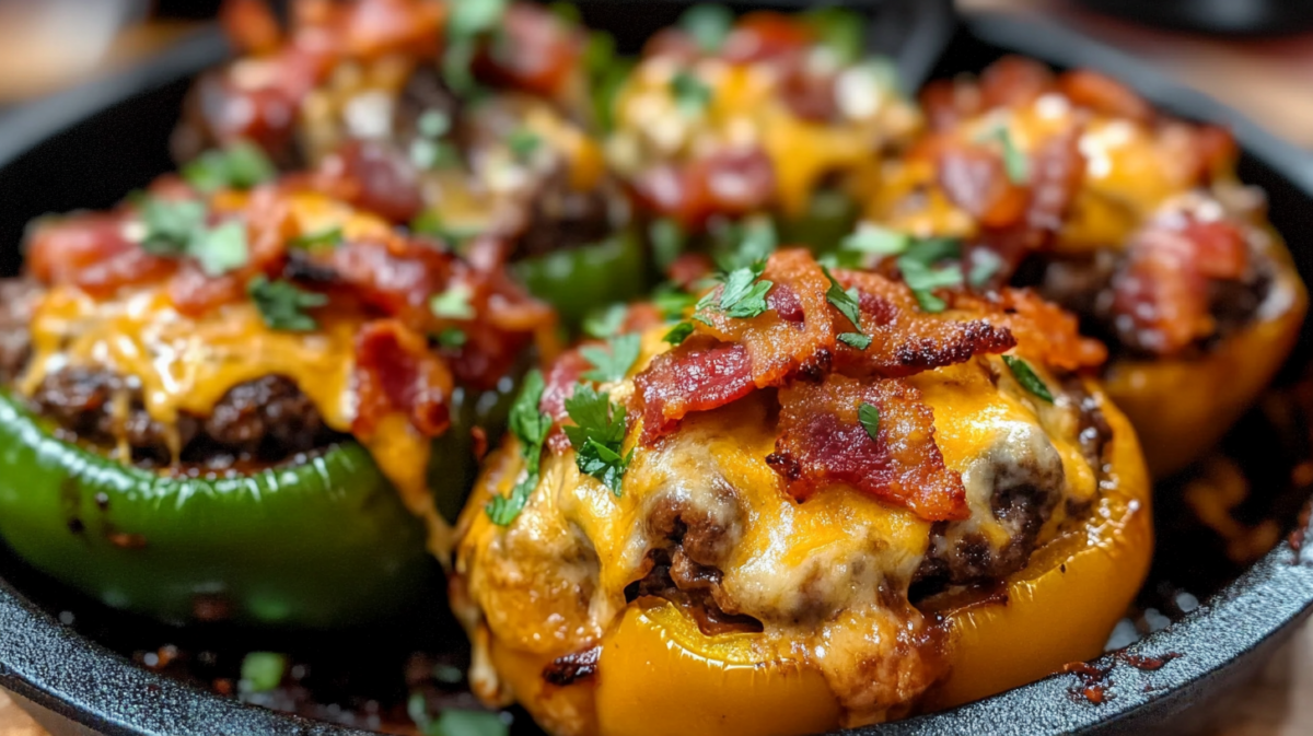 Close-up of Mushroom BBQ Bacon Cheeseburger Stuffed Peppers topped with melted cheddar cheese, crispy bacon, and fresh herbs in a cast iron skillet.