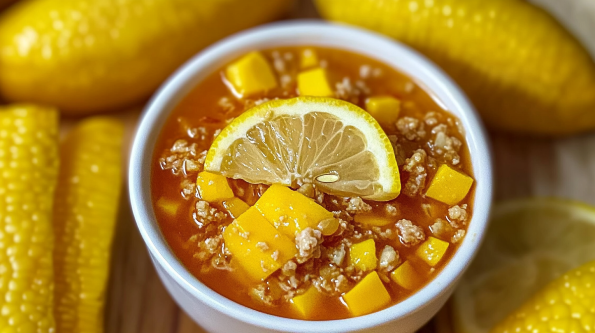 A white bowl of hearty cowboy soup featuring ground beef, yellow squash or corn, and a lemon slice garnish in a rich tomato broth