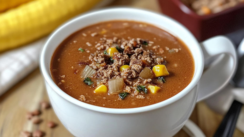 A white mug filled with hearty cowboy soup containing ground beef, corn kernels, onions, and herbs in a rich brown broth