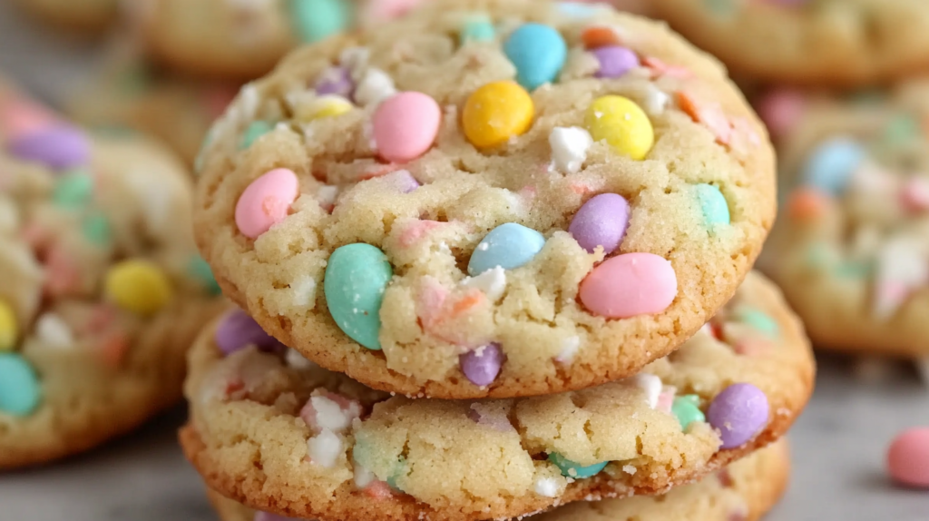 Stack of soft and chewy Easter cookies with colorful pastel mini eggs and white chocolate chunks