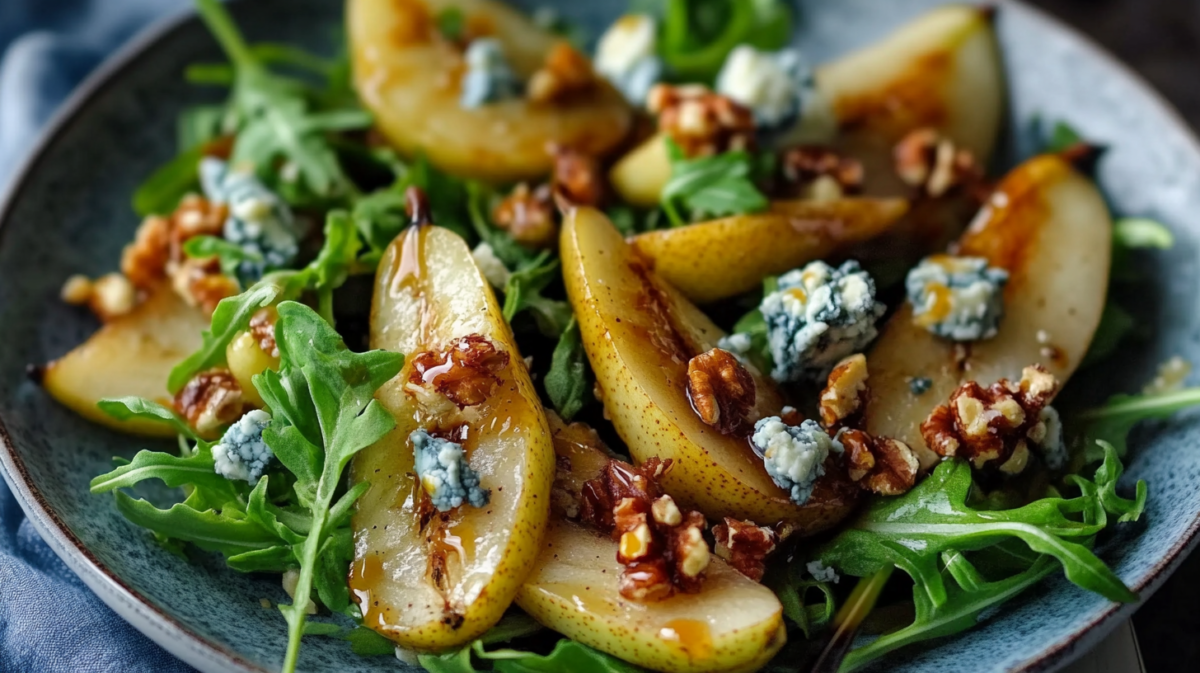 Caramelized pear slices with blue cheese crumbles and toasted walnuts over arugula on a blue ceramic plate
