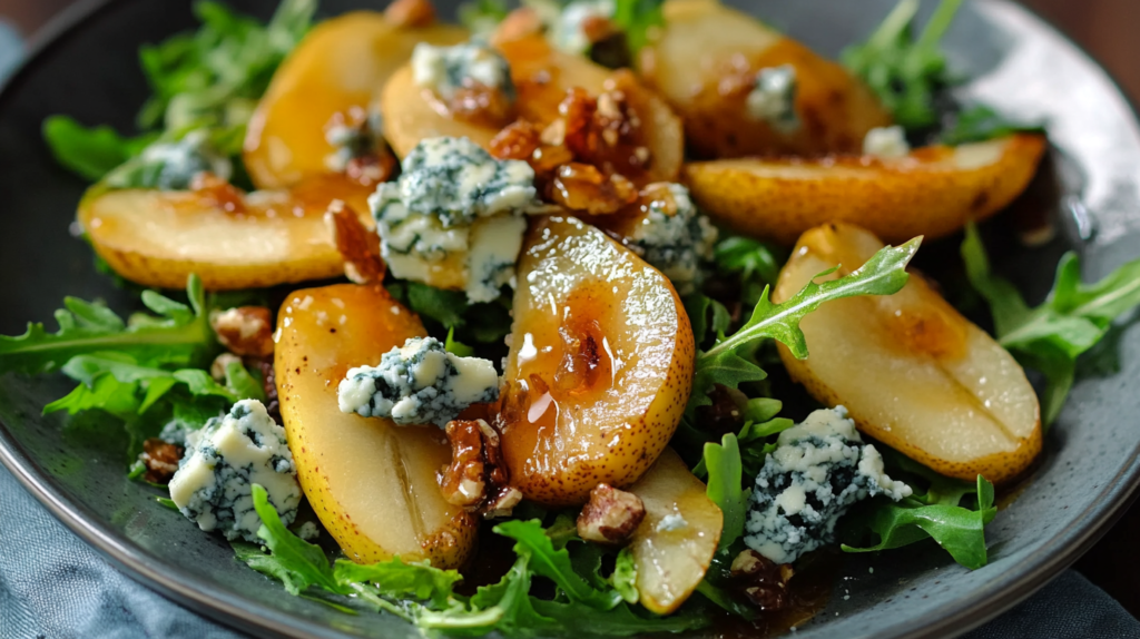 Close-up of caramelized pear slices with blue cheese crumbles and toasted walnuts on a bed of arugula