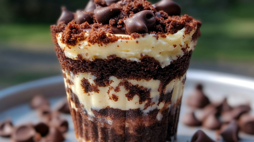 Close-up side view of a layered brownie cheesecake cup with alternating layers of chocolate brownie and vanilla cheesecake, topped with chocolate crumbles and chocolate chips.