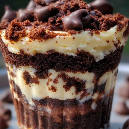 Close-up side view of a layered brownie cheesecake cup with alternating layers of chocolate brownie and vanilla cheesecake, topped with chocolate crumbles and chocolate chips.