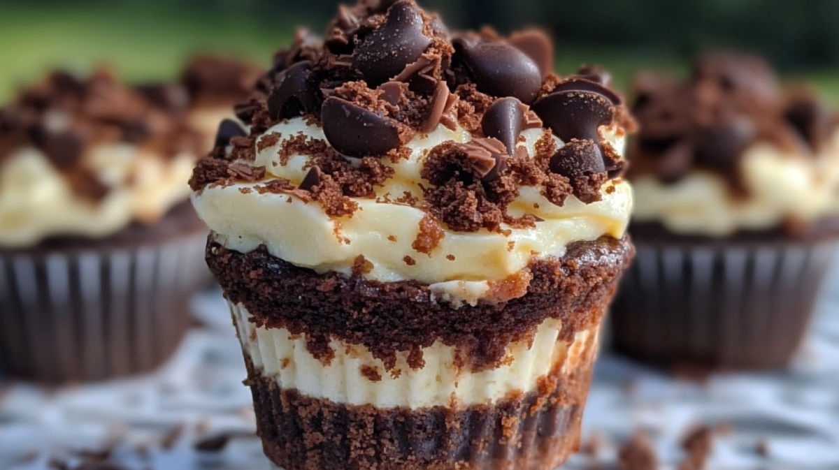Closeup of a decadent brownie cheesecake cup featuring layers of chocolate brownie and creamy cheesecake filling, topped with chocolate chips, cookie crumbles, and caramel drizzle.