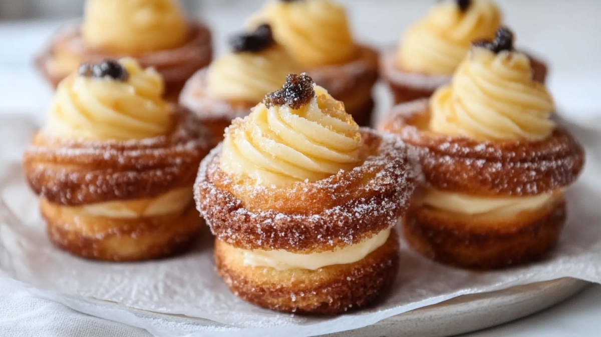 Homemade custard cruffins dusted with sugar featuring golden-brown pastry bases filled with yellow custard cream and topped with a swirl of more custard and a small dollop of jam