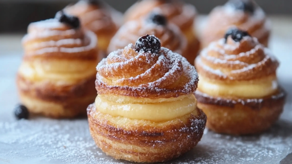 Homemade custard cruffins dusted with powdered sugar, featuring spiraled pastry tops, creamy yellow custard filling, and fresh blueberries as garnish