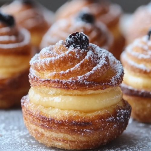 Homemade custard cruffins dusted with powdered sugar, featuring spiraled pastry tops, creamy yellow custard filling, and fresh blueberries as garnish