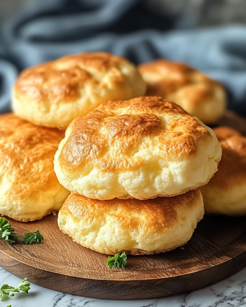 Fluffy golden keto cottage cheese cloud bread stacked on a wooden board, perfect low carb bread alternative