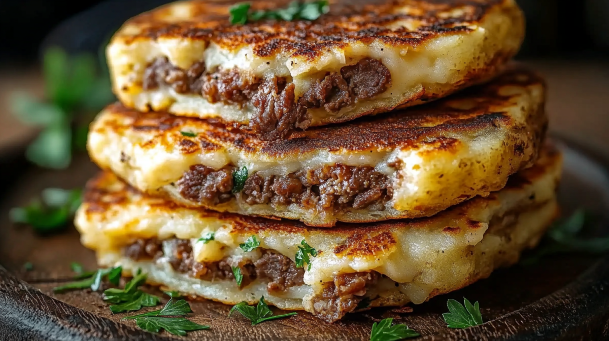 Close-up of crispy golden potato pancakes stuffed with seasoned beef and melted cheese, garnished with fresh parsley.
