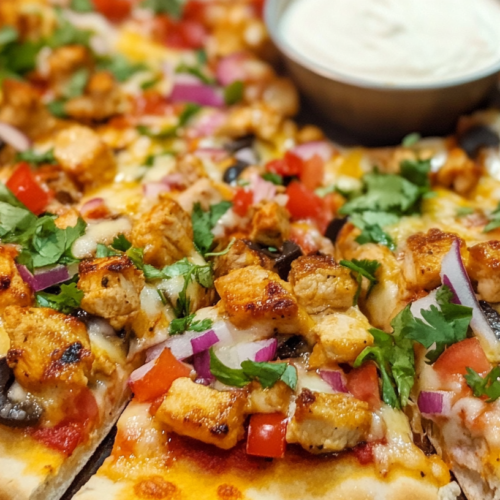 Close-up of Mexican chicken pizzas with seasoned chicken pieces, melted cheese, red onions, black olives, diced tomatoes, and fresh cilantro on a golden-brown crust, with a small bowl of white sauce visible in the background.