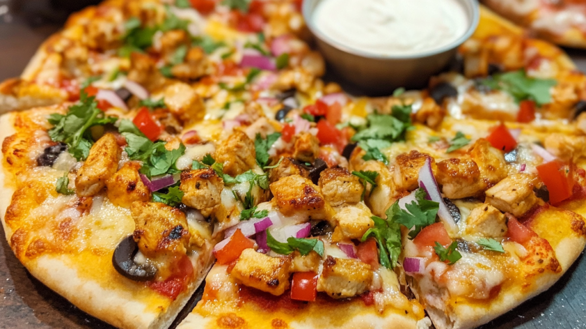 Close-up of Mexican chicken pizzas with seasoned chicken pieces, melted cheese, red onions, black olives, diced tomatoes, and fresh cilantro on a golden-brown crust, with a small bowl of white sauce visible in the background.