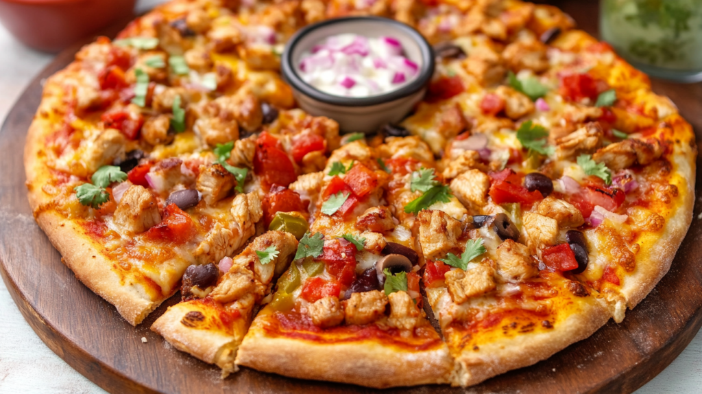 : Mexican chicken pizza on a wooden serving board topped with seasoned chicken pieces, melted cheese, diced tomatoes, bell peppers, black olives, red onions, and fresh cilantro, with a small bowl of sour cream garnished with red onion in the center.