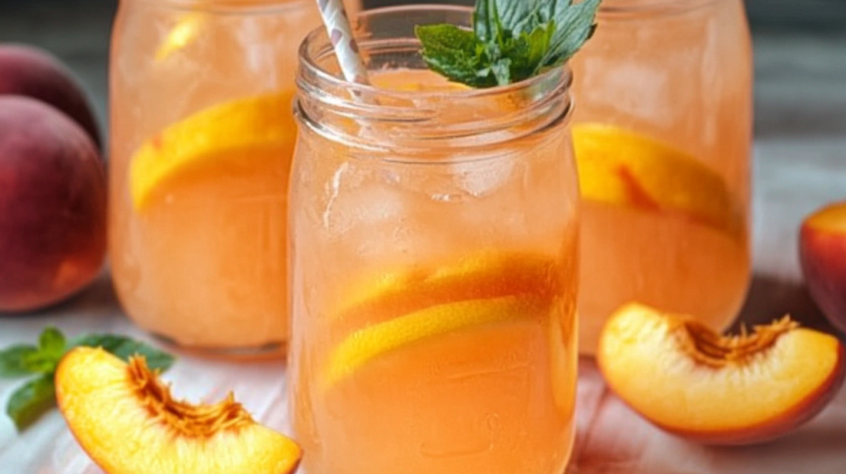Glass mason jar of homemade peach lemonade with fresh peach slices, mint garnish, and ice, alongside fresh peach wedges and a pitcher of lemonade in the background