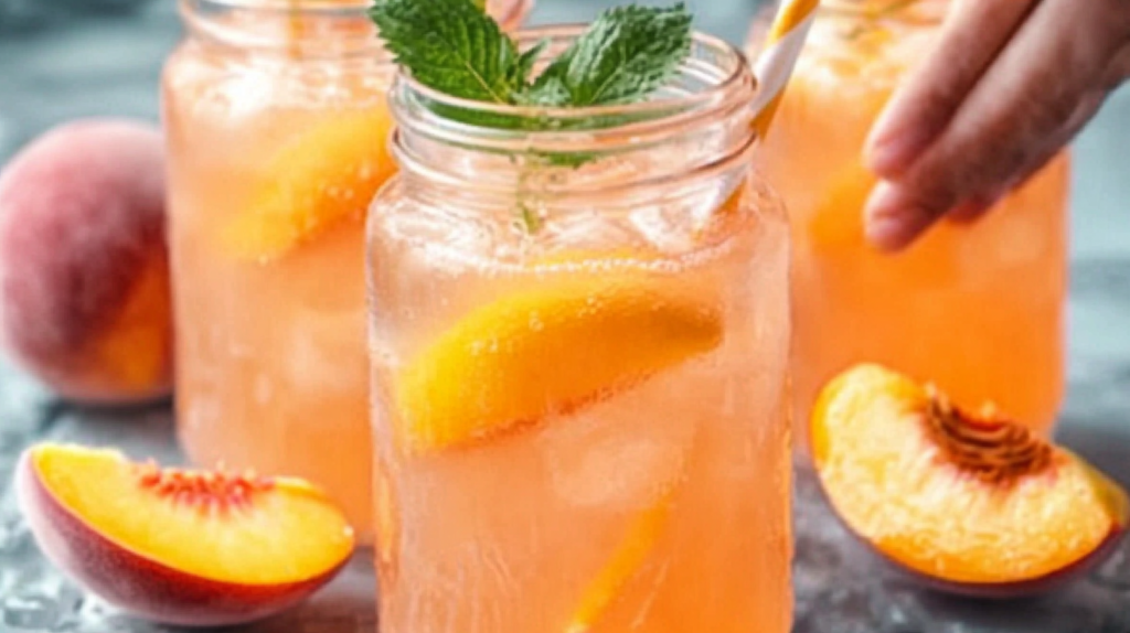 Mason jar of homemade peach lemonade garnished with mint and lemon slice, surrounded by fresh peach slices and a pitcher being served in the background
