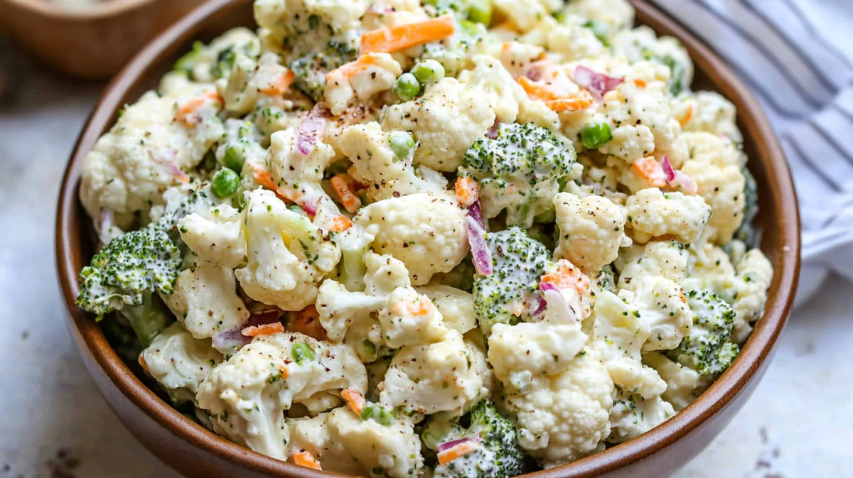 Creamy broccoli cauliflower salad with carrots, peas, and red onions in a brown ceramic bowl