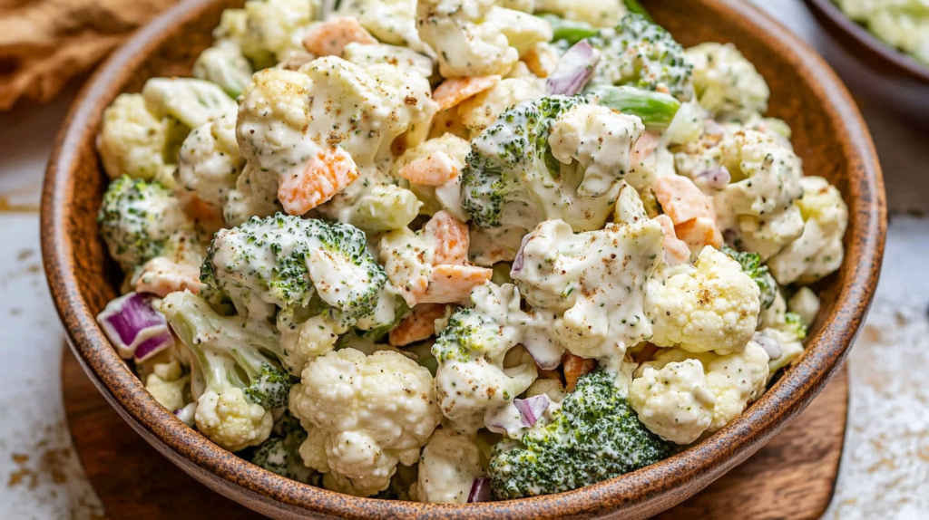 Creamy broccoli cauliflower salad with shredded carrots and red onion in a rustic ceramic bowl