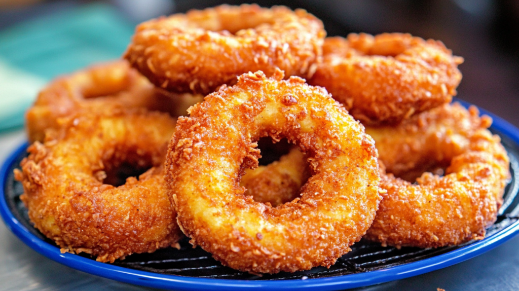 Golden-brown crispy chicken and potato doughnuts stacked on a blue plate, showing their ring shape and crunchy breaded exterior.