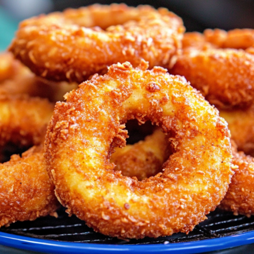 Golden-brown crispy chicken and potato doughnuts stacked on a blue plate, showing their ring shape and crunchy breaded exterior.