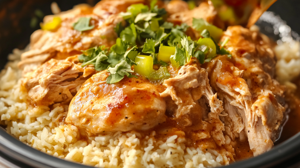 Mississippi chicken served over rice with pepperoncini peppers and fresh herbs