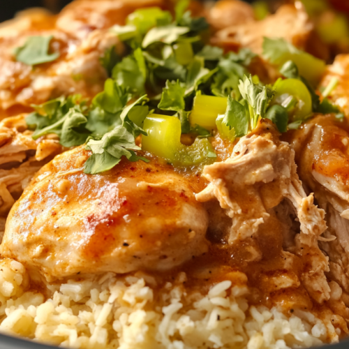 Mississippi chicken served over rice with pepperoncini peppers and fresh herbs