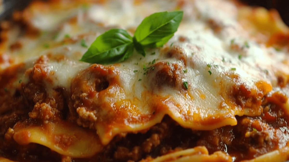 Closeup of cheesy Crockpot Ravioli Lasagna with melted mozzarella, meat sauce, and fresh basil garnish