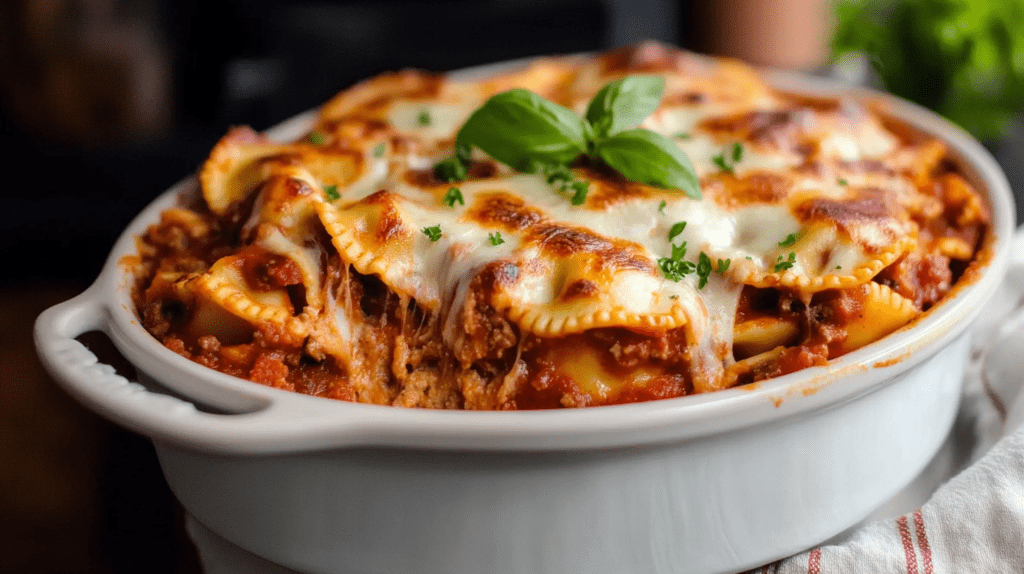 Crockpot Ravioli Lasagna served in a white ceramic dish with melted cheese, meat sauce, and fresh basil garnish