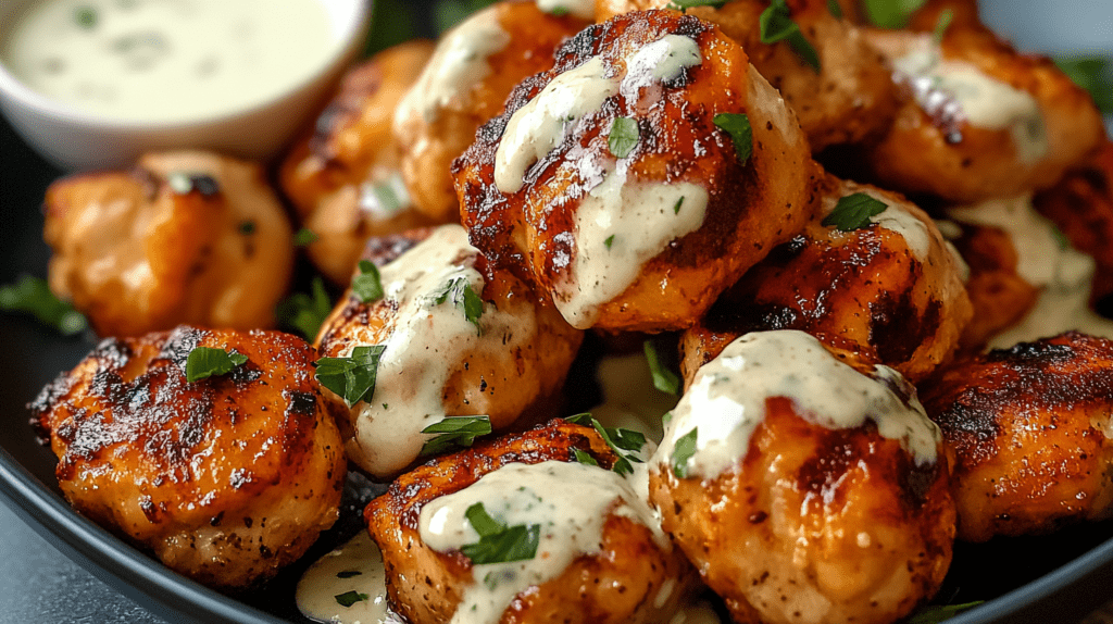 Grilled chicken bites drizzled with creamy garlic sauce and garnished with fresh herbs on a black plate