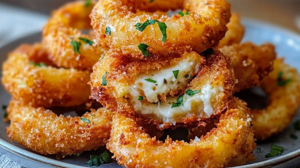 Close-up of golden-brown breaded onion rings stacked on a plate, with melted mozzarella cheese visible inside one ring, garnished with chopped fresh herbs