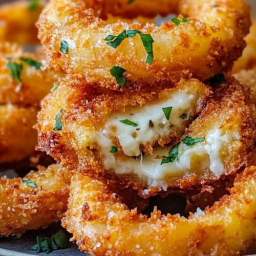 Close-up of golden-brown breaded onion rings stacked on a plate, with melted mozzarella cheese visible inside one ring, garnished with chopped fresh herbs