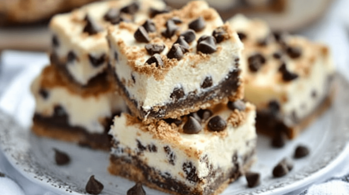 Stacked cookie dough cheesecake bars showing layers of graham cracker crust, cheesecake filling with chocolate chips, and cookie dough topping on a white plate