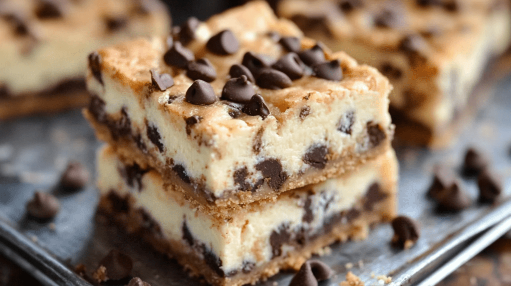 Close-up of cookie dough cheesecake bars with chocolate chips on a metal baking sheet