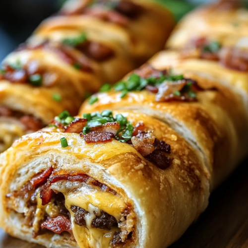 Close-up of sliced garlic butter turkey bacon cheeseburger rollups with melted cheddar and crispy bacon, topped with fresh chives.