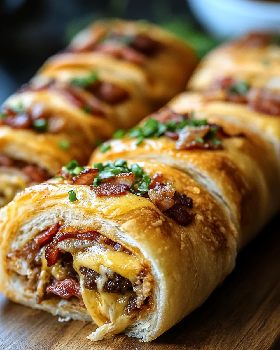 Close-up of sliced garlic butter turkey bacon cheeseburger rollups with melted cheddar and crispy bacon, topped with fresh chives.