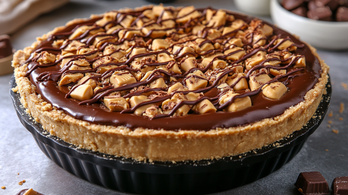 Chocolate peanut butter tart with ganache topping and chopped peanut butter candy pieces