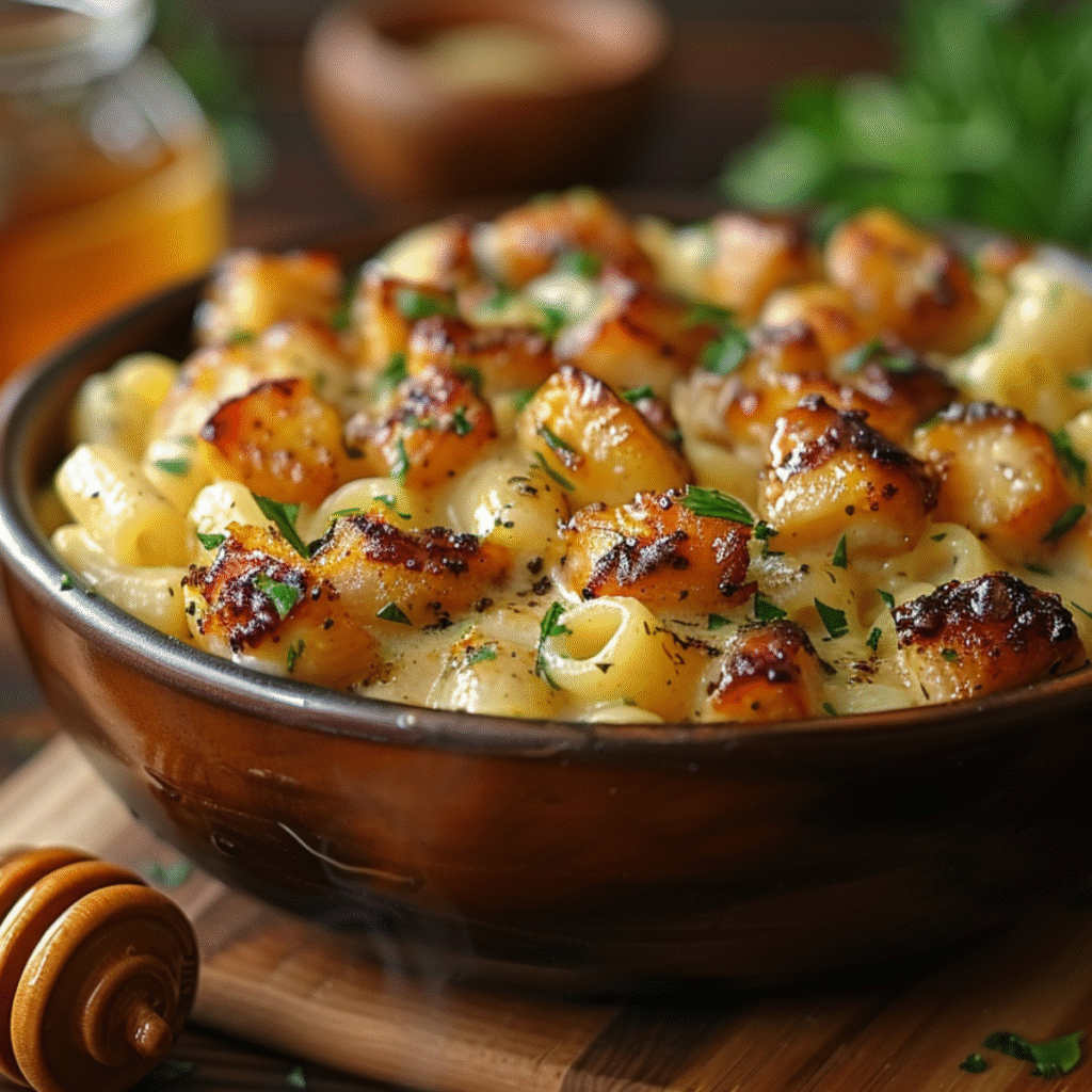A rustic brown bowl filled with creamy pasta and caramelized chicken chunks garnished with fresh herbs, with a jar of honey and honey dipper visible in the background