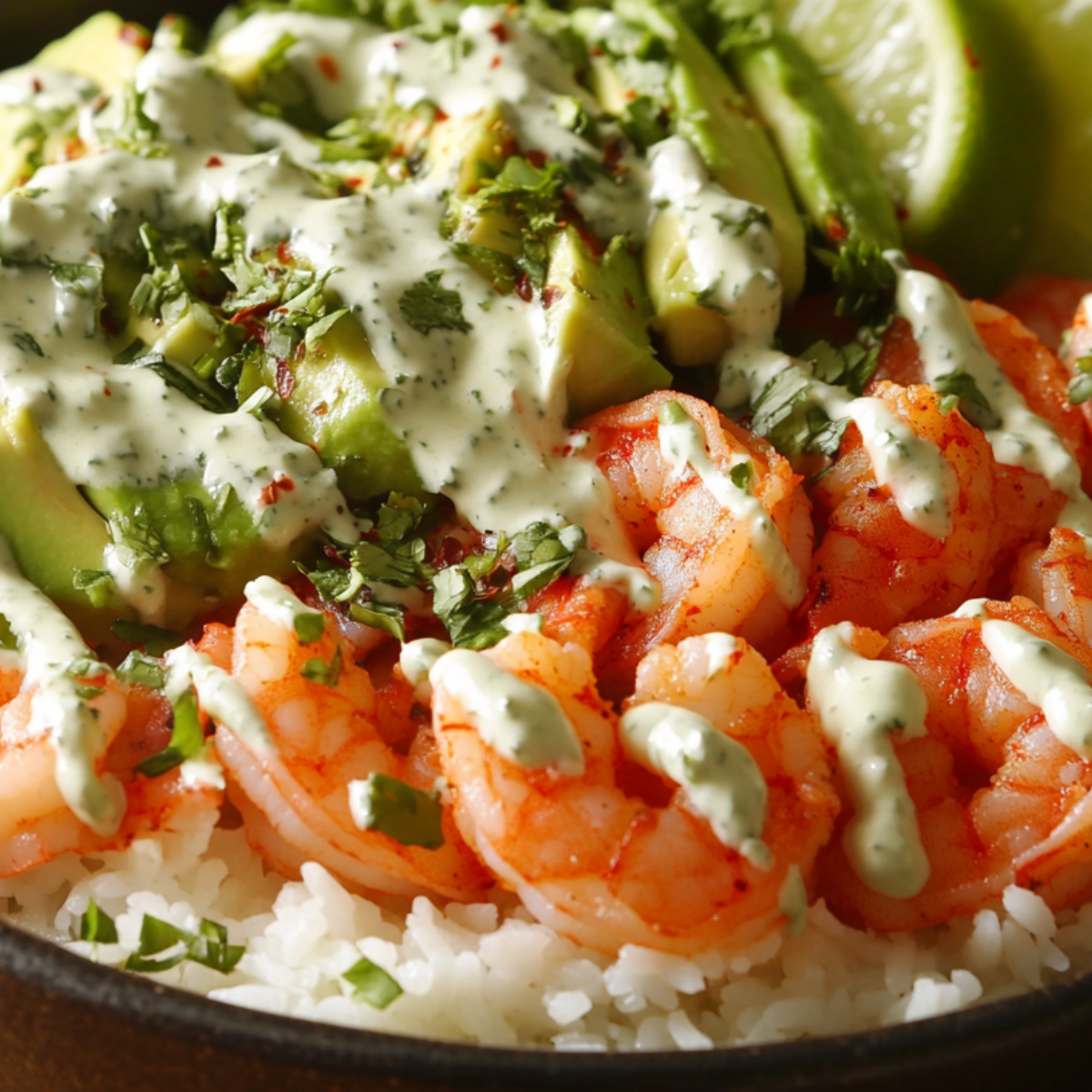 Shrimp avocado rice bowl with creamy cilantro lime sauce drizzled on top, featuring seasoned pink shrimp, sliced avocado, white rice, and a lime wedge in a black bowl