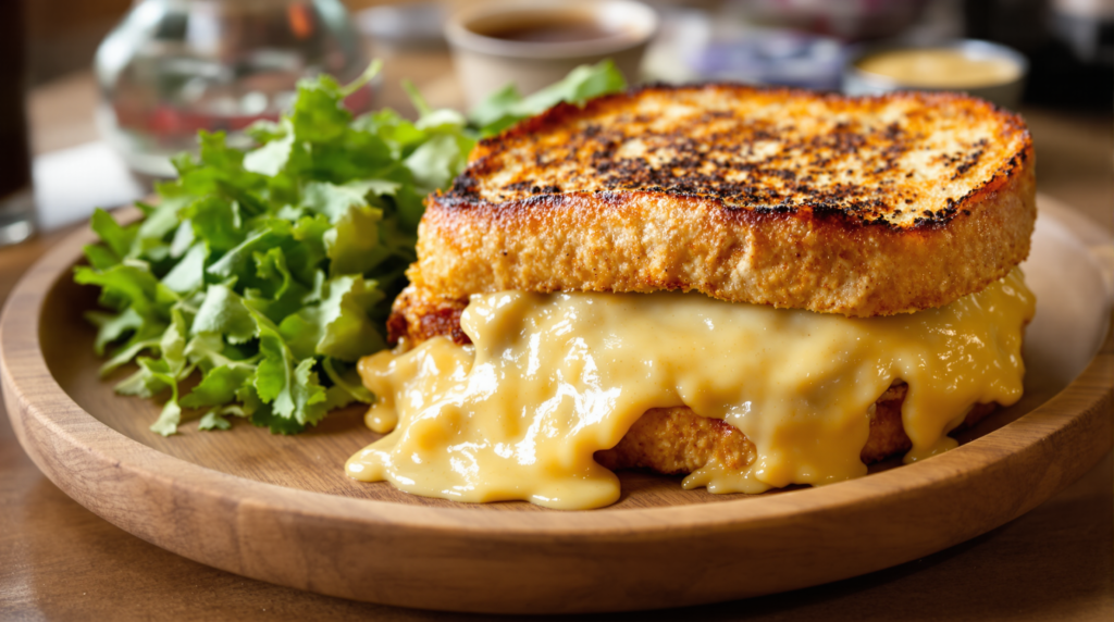 French ham and cheese sandwich (Croque-Monsieur) with melted cheese on toasted bread, served with green salad on a wooden plate