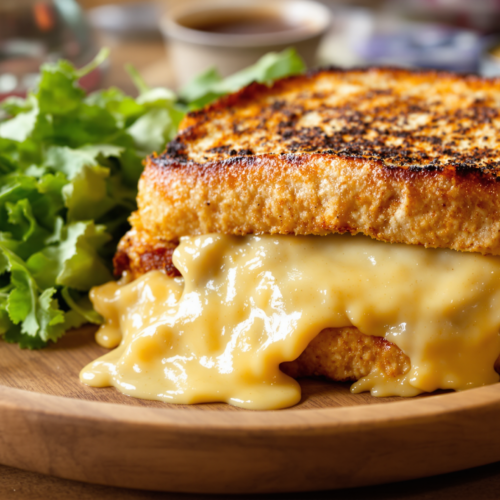 French ham and cheese sandwich (Croque-Monsieur) with melted cheese on toasted bread, served with green salad on a wooden plate