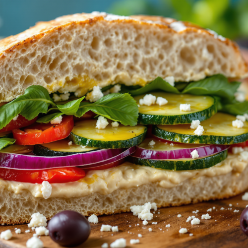 Freshly made Mediterranean veggie sandwich on ciabatta bread with layers of hummus, tomatoes, cucumber slices, red onion, fresh basil leaves, and crumbled feta cheese, served on a wooden cutting board with kalamata olives.