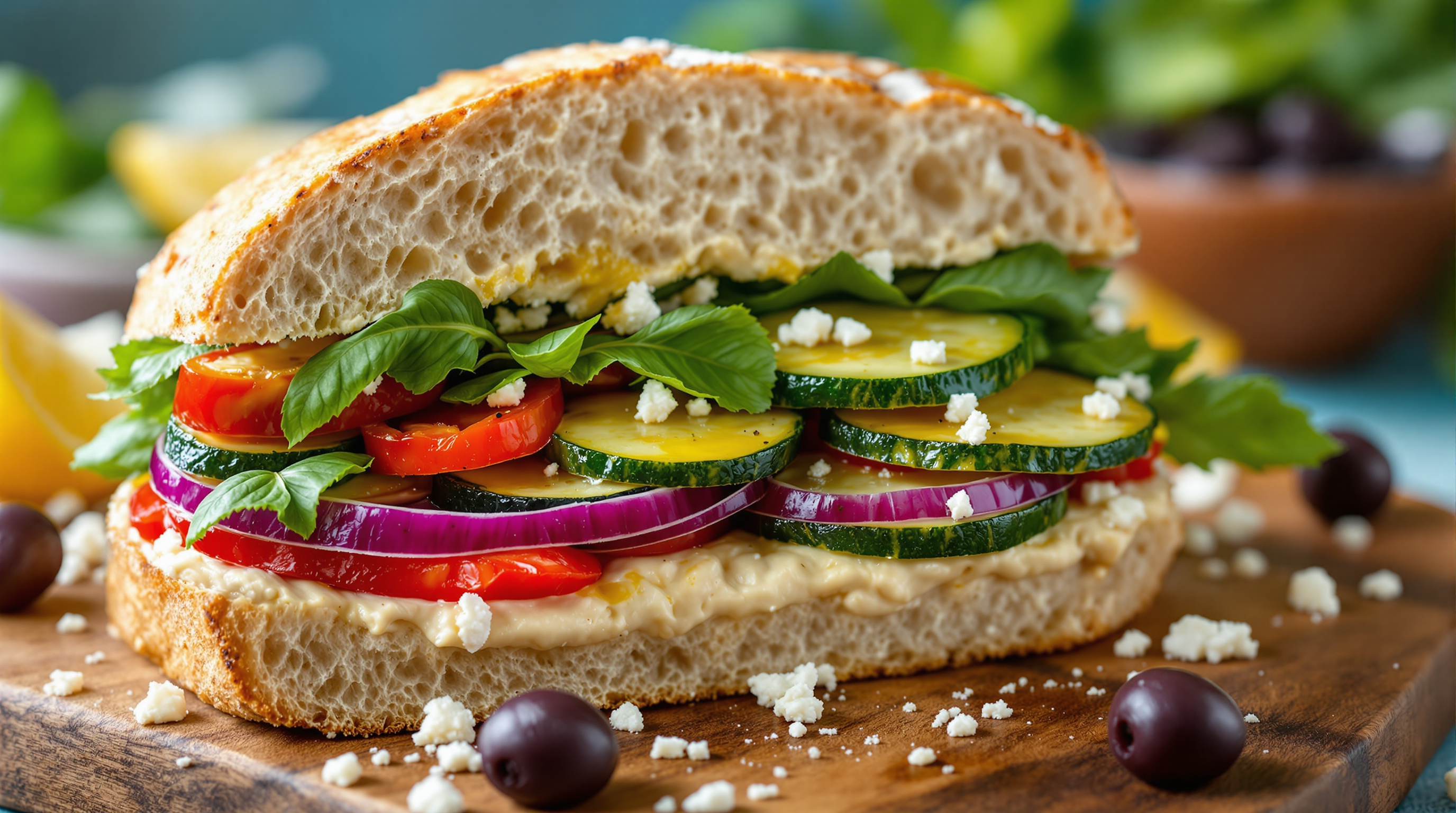 Freshly made Mediterranean veggie sandwich on ciabatta bread with layers of hummus, tomatoes, cucumber slices, red onion, fresh basil leaves, and crumbled feta cheese, served on a wooden cutting board with kalamata olives.