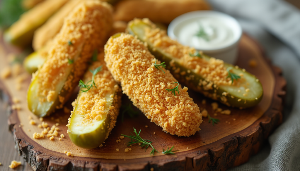 Golden crispy stuffed pickle spears coated in panko breadcrumbs served on a wooden board with cream dip and fresh dill garnish.