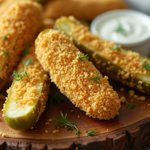Golden crispy stuffed pickle spears coated in panko breadcrumbs served on a wooden board with cream dip and fresh dill garnish.