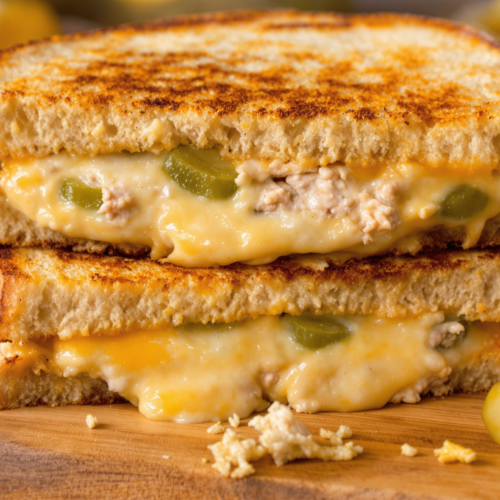 Grilled tuna melt sandwich with melted cheese and dill pickles, served on toasted sourdough with chips and a pickle spear.