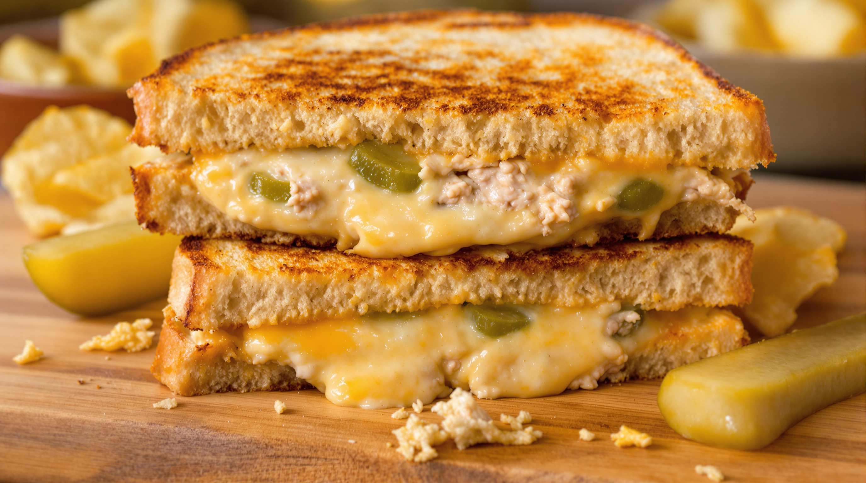 Grilled tuna melt sandwich with melted cheese and dill pickles, served on toasted sourdough with chips and a pickle spear.