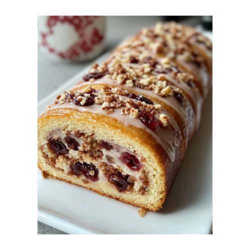 A sliced Cherry Hazelnut Budapest Roll on a white rectangular plate, showing the spiral pattern of golden sponge cake filled with cream and cherry filling, topped with a drizzle of white glaze and sprinkled with chopped nuts. A blurred pitcher or container is visible in the background.